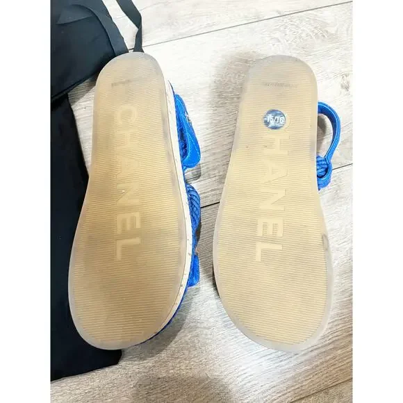 CHANEL Blue Cord Lambskin Quilted Cork PlatformLogo Sandals Size 6.5